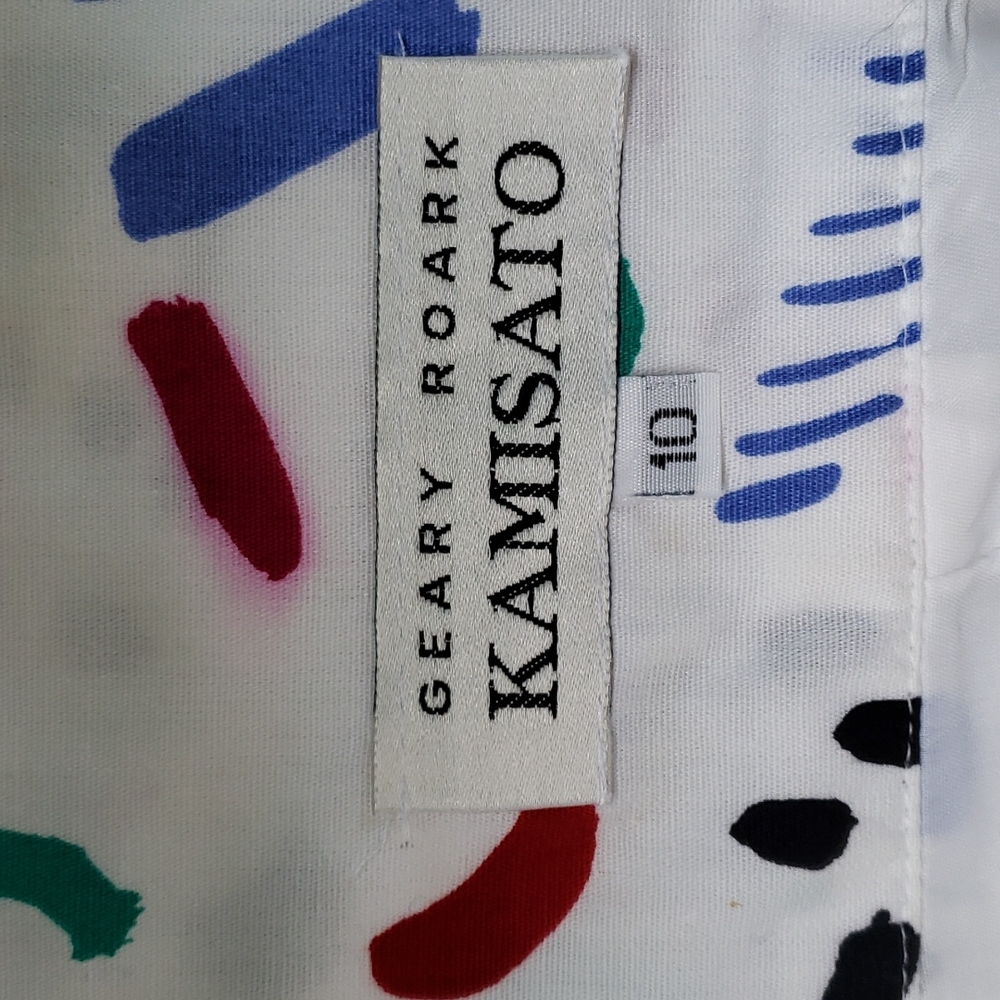 VINTAGE SUNDRESS Geary Roark Kamisoto. Size 10. White with multicolored pattern. - Picture 11 of 13